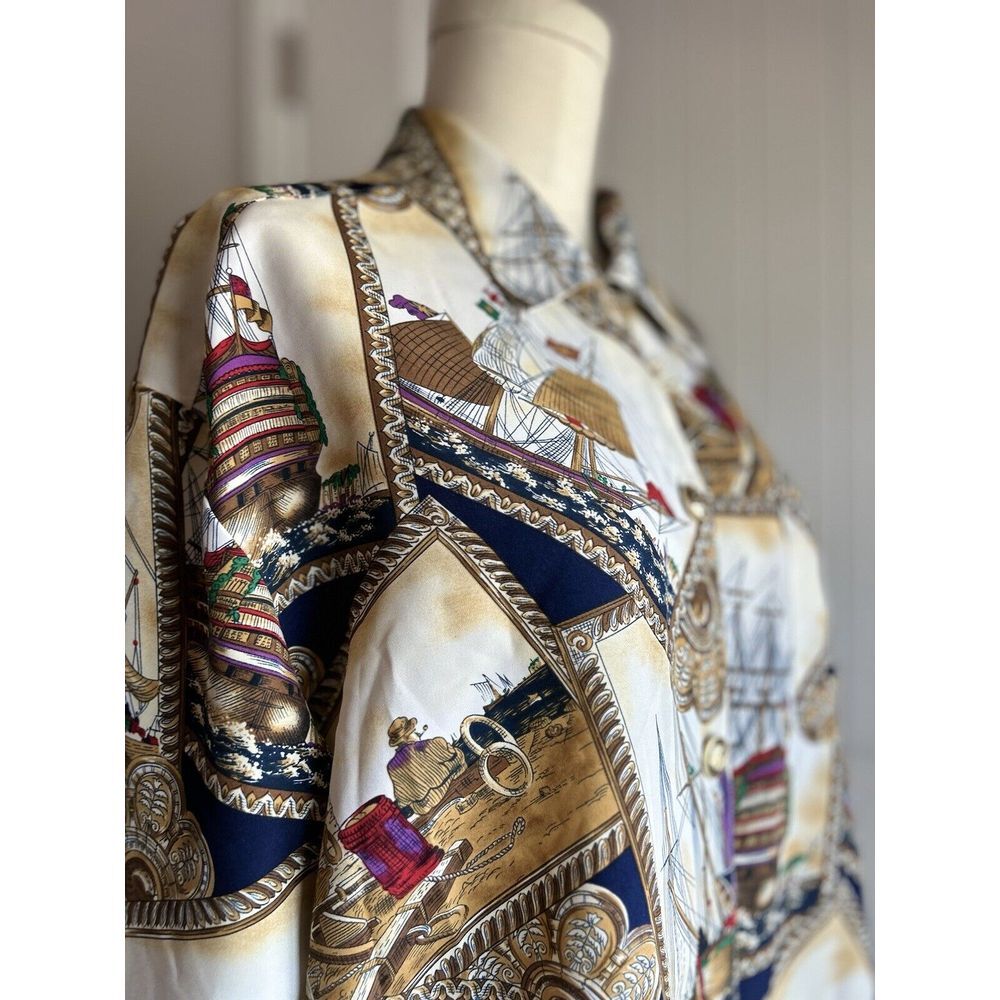 SK Company Vintage‎ Ships Nautical Scarf Print Blouse Gold Button Collared XL